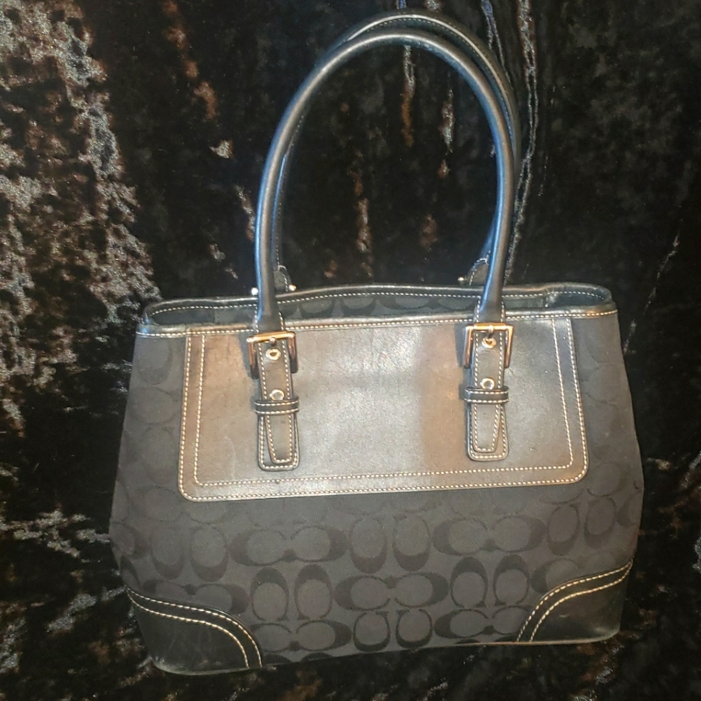 Coach Signature Jacquard Hampton Satchel Handbag Black Canvas and Leather